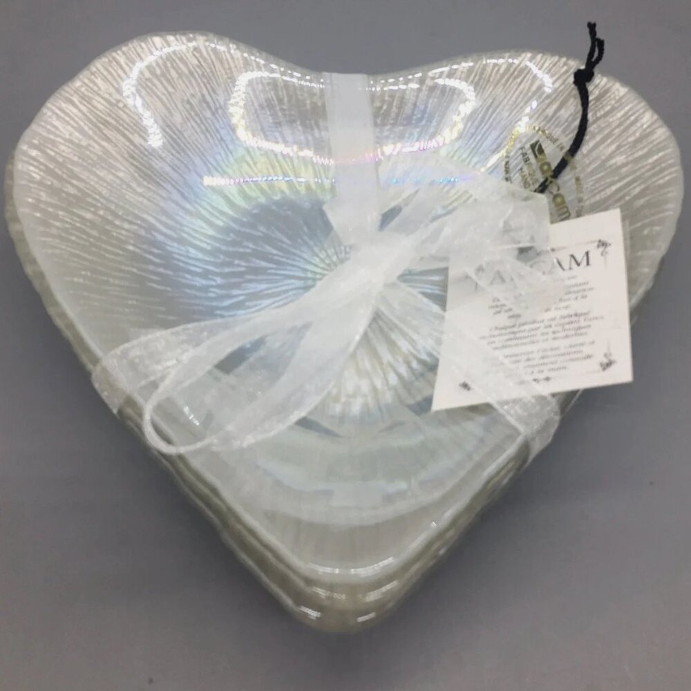 4 Akcam Glass Heart Plate Dish Set Pearl Shimmer Appetizer Dessert Valentine